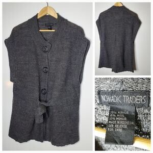 Nomadic Traders dark gray wool/blend sleeveless button up sweater tie waist  XL